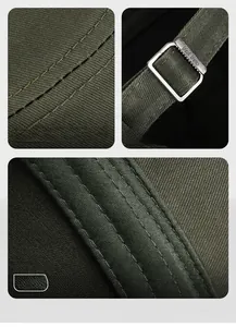 Detail view of cotton camo hat showing precision stitching and adjustable metal buckle