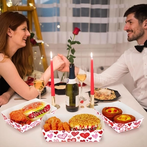 Valentine's Day heart-patterned paper food trays for romantic party snacks and treats