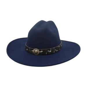 Detail of navy blue fedora featuring a lion head metal emblem and textured band