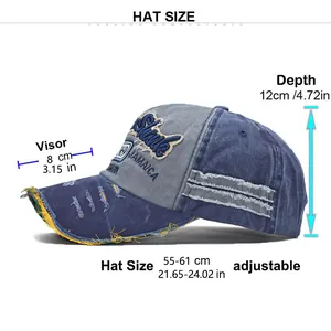 Adjustable size details for washed cotton baseball cap with 55-61cm circumference and 8cm visor