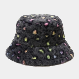 Women's faux fur bucket hat with vibrant colorful leopard print on black base