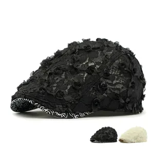 Women Lace Beret Hat 3D Mesh Floral Breathable Lightweight Retro Elegant Summer Flat Cap Artist Painter Adjustable
