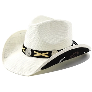 Straw cowboy hat with decorative metal studs and intricate totem embroidery under the brim