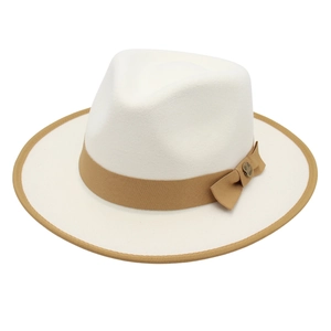 Vintage Cotton Fedora Hat For Women Men Wide Brim Jazz Hat With Bow Tie Metal Buckle Elegant Contrast Band Felt Hat