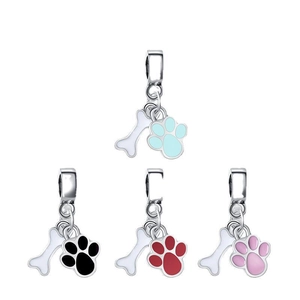 Charming pet-themed silver bone and paw print enamel charms in four bright colors