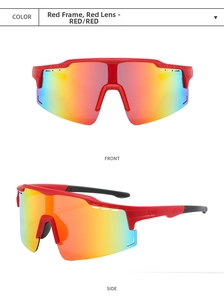 Front and side views of red cycling sunglasses with mirrored lenses for sports