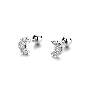 Minimalist 925 sterling silver crescent moon stud earrings with screw back and sparkling zircon