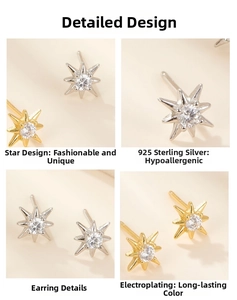 Detailed view of S925 sterling silver star stud earrings with zircon in gold and silver