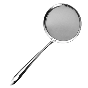 Professional stainless steel fine mesh strainer with a long handle for kitchen filtering