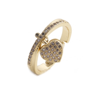 Anello in rame placcato oro con ciondolo a cuore, micro-zirconi e piccola croce