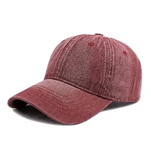 Vintage washed burgundy denim baseball cap with a minimalist soft top and curved brim