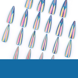 Blue cat eye stiletto fake nails with holographic metallic chrome aurora gradient finish
