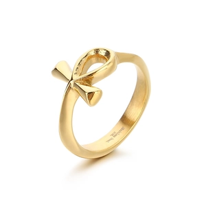 Gold stainless steel Ankh cross ring with Egyptian symbol on a white background