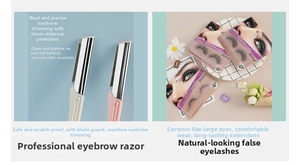 Detail view of pink eyebrow razor with safety guard and triple pack of manga false eyelashes