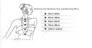 Size chart showing necklace length variations from 35cm to 114cm on female silhouette