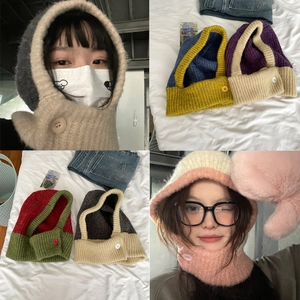 Korean Style Knitted Balaclava Hat Color Blocking Cashmere-like Woolen Cap Integrated Neck Warmer With Button For Winter Women