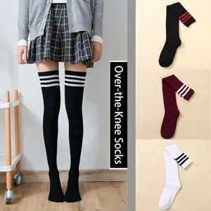 Over Knee Thigh High Socks Cotton Blend Striped Preppy Style Lolita Breathable Elastic Long Hosiery For Women
