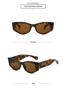 Front and side view of tortoiseshell cat-eye sunglasses with thick frame and brown lenses
