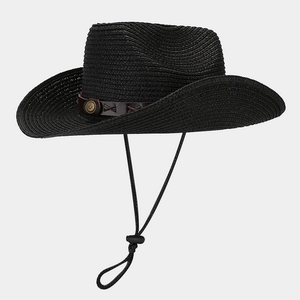Detail of black woven cowboy hat featuring brown leather band with metal studs and drawstring