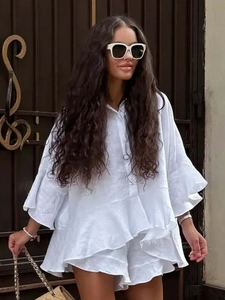Chemise Et Short Décontractés Pour Femmes Ourlet À Volants Manches Trois Quarts Ample Coton Lin Vacances Streetwear