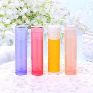 Four colorful 5g plastic empty lip balm tubes in purple, red, yellow and orange colors