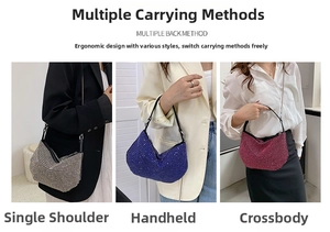 Three-way rhinestone bag in silver, blue and pink shown being worn as a crossbody and handbag