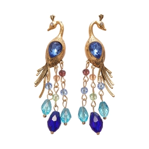 Vintage peacock geometric tassel earrings with multicolored crystals in gold plating