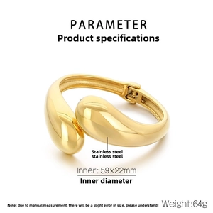 Detailed specs of gold irregular stainless steel bangle with teardrop hinge design