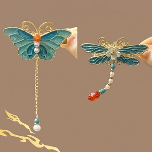 Chinese Style Enamel Butterfly Dragonfly Duckbill Hair Clips Alloy With Tassel Imitation Artificial Pearl Vintage Ethnic Hairpins