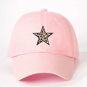 Pink baseball cap featuring a leopard print star patch and adjustable curved brim