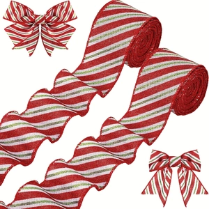 Detail of glitter Christmas ribbon rolls with red white green stripes and gift bows