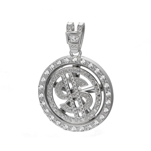 Close-up of spinning dollar sign pendant with sparkling crystals and silver finish