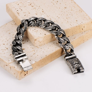 Vintage punk silver Cuban link bracelet for men with engraved totem patterns and large clasp