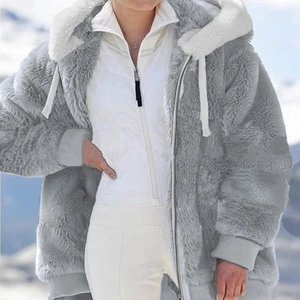 Chaqueta de felpa gris con capucha para mujer, corte holgado con cremallera