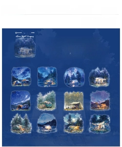 Dettaglio macro degli adesivi in PET Rainy Night Camping per scrapbooking e DIY