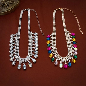 Geometric Square Rhinestone Fringe Bib Necklace Copper Luxury Statement Colorful Crystal Choker For Women Party