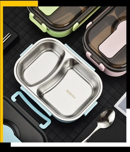 Three-color 304 stainless steel lunch boxes showing inner dual compartments and lid