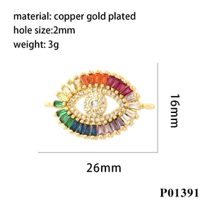 Detailed 18K gold plated evil eye pendant with rainbow zircon and dimensions 26x16mm