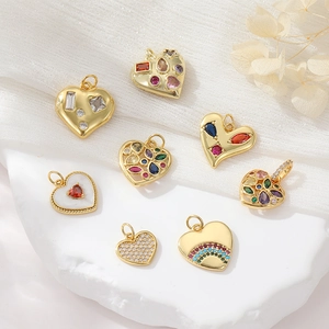 Colorful heart zircon charms in gold finish for luxury DIY jewelry making accessory
