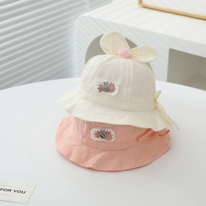Baby girl rabbit ear bucket hat with drawstring in cream and peach pink colors