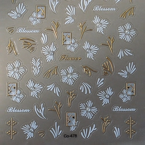 5D embossed nail decals with 3D white flowers, gold vines, and pearl accents on gray back