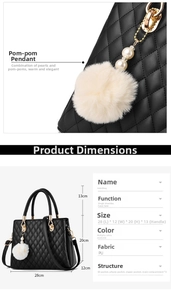 Detailed size chart for black quilted faux leather handbag with dimensions and structure