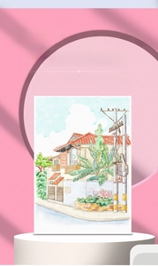 Close-up of watercolor coloring book with Japanese scenery on a display stand