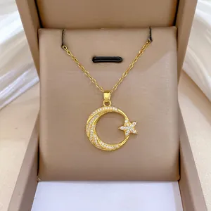 Collier Pendentif Or Acier Inoxydable Cuivre Zircone Lune Étoile Élégant Bijoux Femmes
