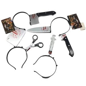 Set of 5 realistic Halloween horror headbands with fake bloody weapons and syringes