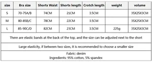 Tabla de tallas detallada para traje de escenario de mezclilla sexy con medidas S, M, L