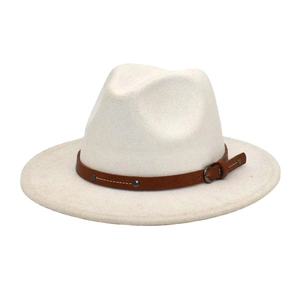 Detail of white wool fedora hat featuring a brown leather band with metal rivets