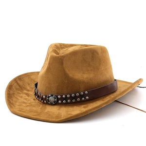 Classic camel suede cowboy hat with brown studded leather belt and vintage emblem