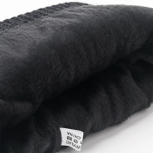 Black acrylic knitted beanie with warm fleece lining and washing instruction label