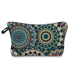 Macro view of colorful mandala flower pattern on high-capacity fabric cosmetic organizer